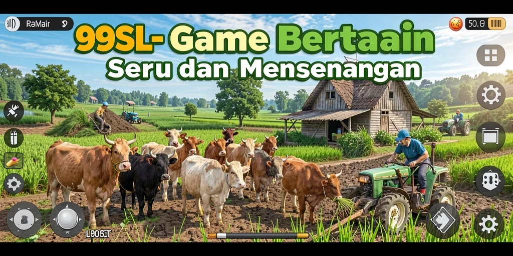 Tangkapan layar utama game 99SL yang menampilkan suasana pertanian yang cerah.