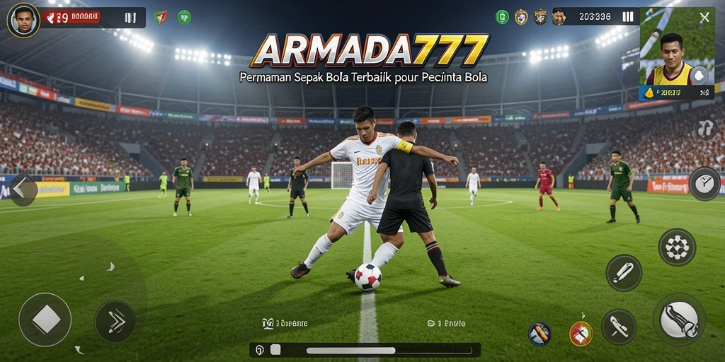 Screenshot ARMADA777 menampilkan aksi seru permainan sepak bola.