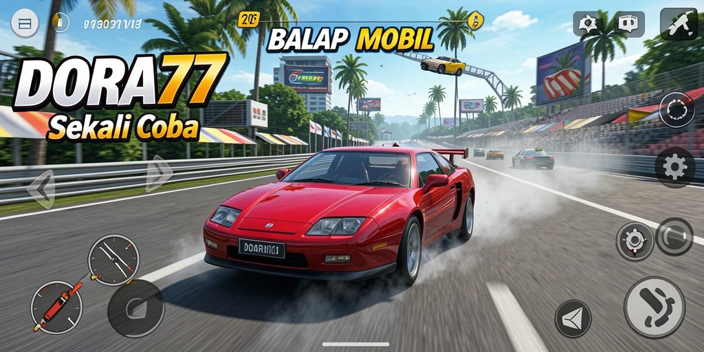 Gameplay DORA77 dengan balapan dinamis dan mobil cepat.