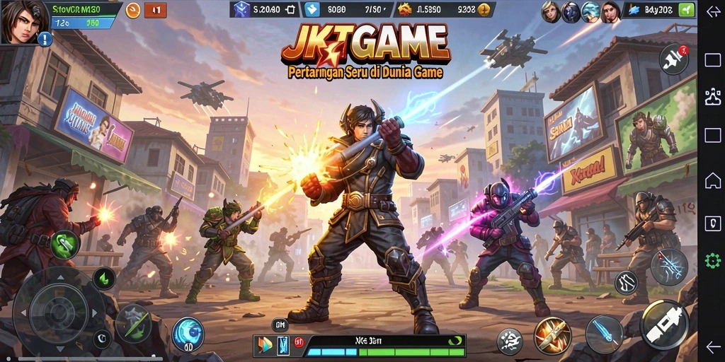 Tangkapan layar gameplay <strong>JKTGAME</strong> menampilkan aksi pertarungan seru dan karakter unik.