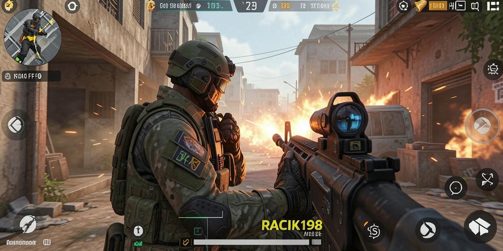 Screenshot menunjukkan aksi pertempuran intens di RACIK198.