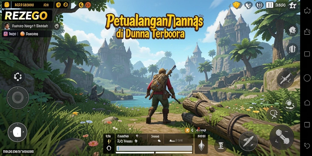 Tampilan menarik dari gameplay REZEGO di dunia terbuka yang luas.