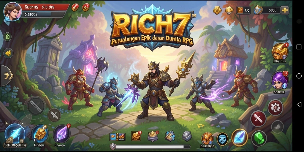 Screenshot gameplay RICH7 yang menunjukkan pertempuran seru dan karakter menarik.