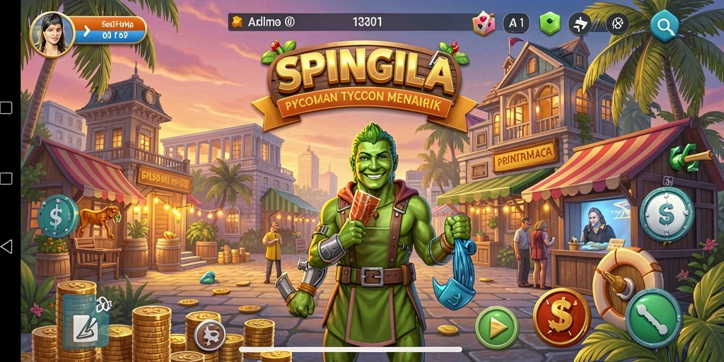 Tampilan gameplay SPINGILA yang menunjukkan kekuasaan manajerial dalam bisnis.