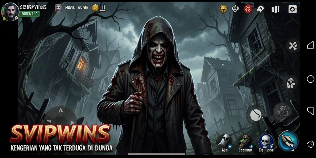 Screenshot gameplay SVIPWINS menampilkan suasana horor yang mencekam.